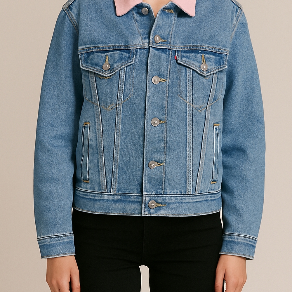 Brand New Levis Blue Denim Jacket with Pink Collar
